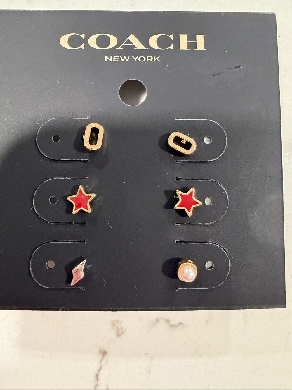 Coach Gold-Tone Stud Earring Set with Red Stars & Pearl Accent
